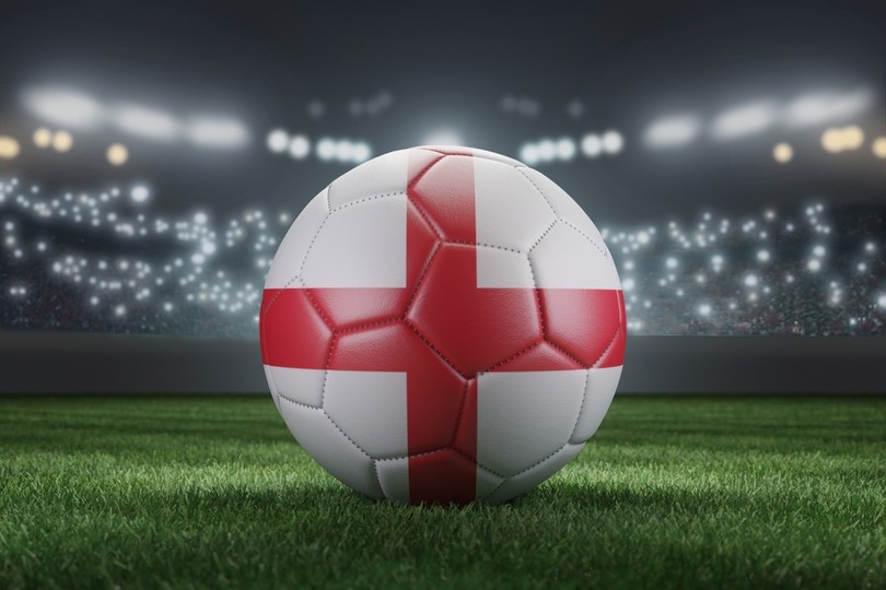 England Flag Football Close Up in Stadium at Night